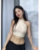 Bej Keten Bağlamalı Crop