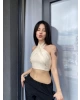 Bej Keten Bağlamalı Crop