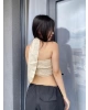 Bej Keten Bağlamalı Crop
