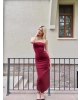 Bordo Straplez Yırtmaç Detay Uzun Elbise