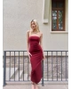Bordo Straplez Yırtmaç Detay Uzun Elbise