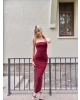 Bordo Straplez Yırtmaç Detay Uzun Elbise