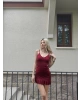 Bordo Askılı Eteği Fırfırlı Mini Elbise