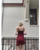 Bordo Askılı Eteği Fırfırlı Mini Elbise