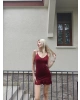 Bordo Askılı Eteği Fırfırlı Mini Elbise