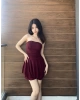 Bordo Simli Straplez Şortlu Elbise