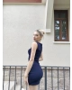 Lacivert Toka Detay Kısa Simli Elbise