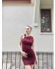Bordo Toka Detay Kısa Simli Elbise