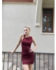 Bordo Toka Detay Kısa Simli Elbise