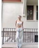 Gri Çizgili Beli Lastikli Pantolon