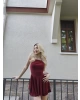 Bordo Askılı Şortlu Elbise