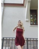 Bordo Askılı Şortlu Elbise