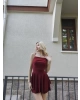 Bordo Askılı Şortlu Elbise