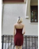Bordo Straplez Tasarım Elbise