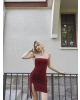 Bordo Straplez Tasarım Elbise
