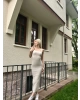 Bej Kare Yaka Uzun Basic Elbise