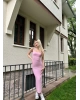 Pembe Kare Yaka Uzun Basic Elbise