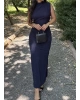 Lacivert Simli Yırtmaç Detay Uzun Elbise