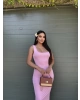 Pembe Kare Yaka Uzun Basic Elbise