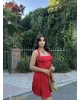 Kırmızı Boyundan Bağlamalı Saten Elbise
