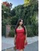 Kırmızı Boyundan Bağlamalı Saten Elbise