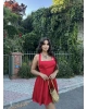Kırmızı Boyundan Bağlamalı Saten Elbise