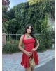 Kırmızı Boyundan Bağlamalı Saten Elbise