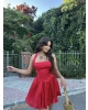 Kırmızı Boyundan Bağlamalı Saten Elbise