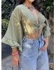 Haki Bağlamalı Crop Bluz