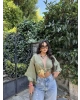 Haki Bağlamalı Crop Bluz