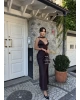 Kahverengi Sırt Detay Tasarım Saten Elbise