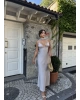 Gri Sırt Detay Tasarım Saten Elbise