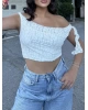 Beyaz Tek Omuz Dantel Detay Crop