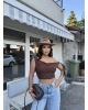 Kahverengi Tek Omuz Dantel Detay Crop