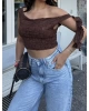 Kahverengi Tek Omuz Dantel Detay Crop