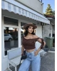 Kahverengi Tek Omuz Dantel Detay Crop