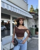 Kahverengi Tek Omuz Dantel Detay Crop