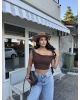 Kahverengi Tek Omuz Dantel Detay Crop