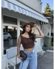 Kahverengi Tek Omuz Dantel Detay Crop