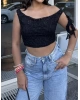Siyah Tek Omuz Dantel Detay Crop