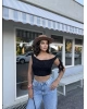 Siyah Tek Omuz Dantel Detay Crop