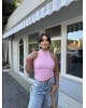 Pembe Boyundan Bağlamalı Sırt Detay Gofre Bluz