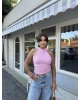 Pembe Boyundan Bağlamalı Sırt Detay Gofre Bluz