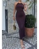 Kahverengi Halter Yaka Aksesuarlı Uzun Elbise