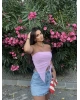 Pembe Straplez Büzgü Detay Crop
