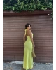 Sarıı Boyundan Bağlanmalı Drapeli Uzun Elbise
