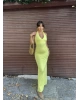 Sarıı Boyundan Bağlanmalı Drapeli Uzun Elbise
