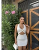 Beyaz Boyundan Geçirmeli Tokalı Mini Elbise