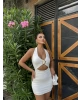 Beyaz Boyundan Geçirmeli Tokalı Mini Elbise