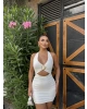 Beyaz Boyundan Geçirmeli Tokalı Mini Elbise